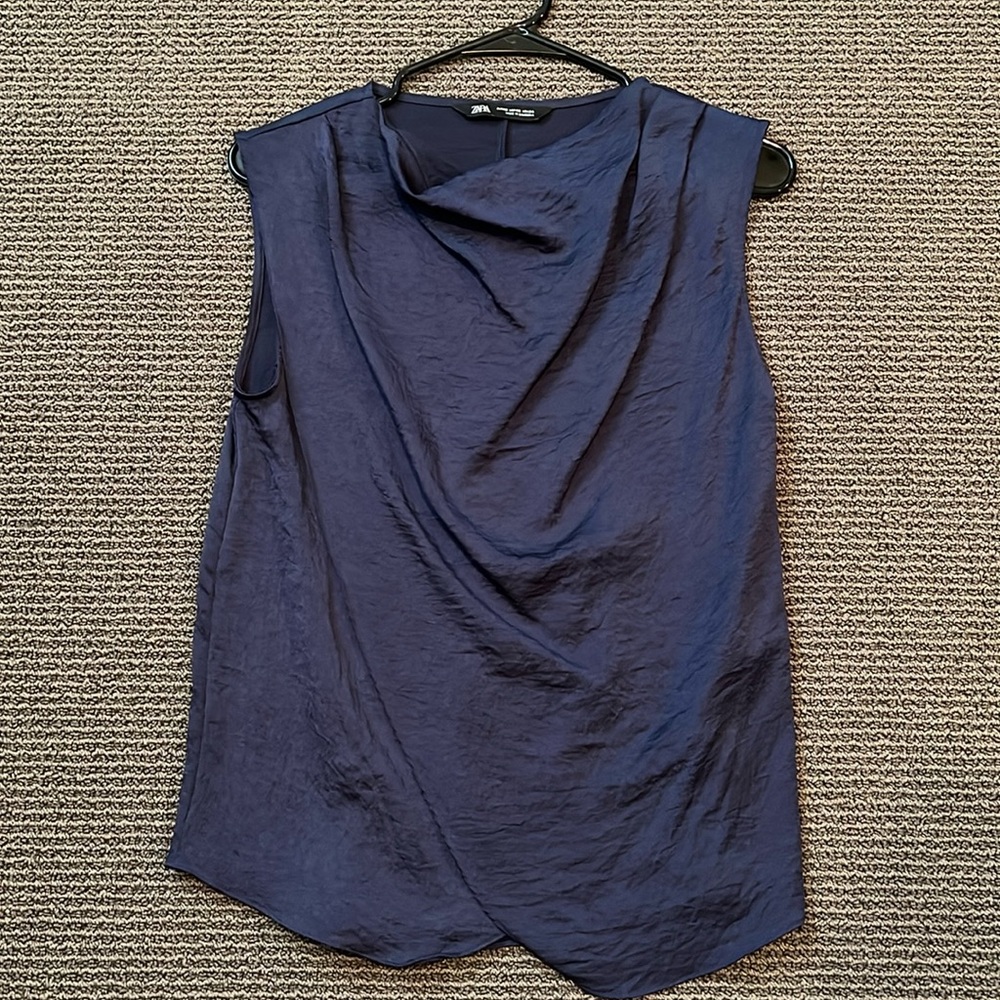 Zara Navy Sleeves Cowl Neck Blouse